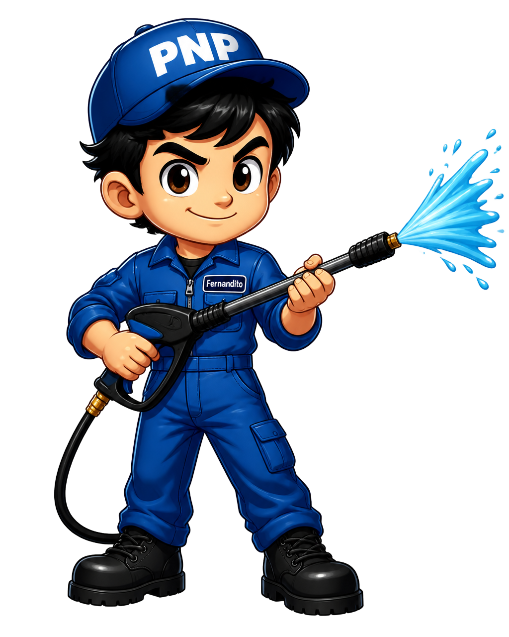 Fernandito, the PnP mascot with a foam cannon